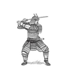 Fighting stance of a brave samurai. The history of Japan in sketches.