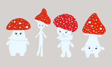 Vector illustration set of funny cartoon  mushrooms fly agaric with eyes and smile
