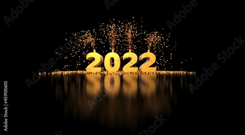 Carte De Voeux Pour L Annee 22 Avec Chiffre Dore Et Cotillons Sur Fond Noir Rendu 3d Wall Mural Fox Dsign