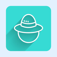 White line Camping hat icon isolated with long shadow background. Beach hat panama. Explorer travelers hat for hunting, hiking, tourism. Green square button. Vector