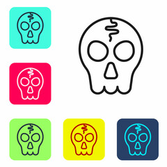 Black line Skull icon isolated on white background. Happy Halloween party. Set icons in color square buttons. Vector