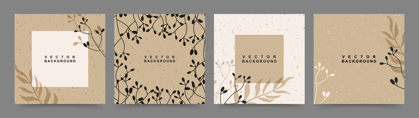 Set of square social media stories and post templates. Vector covers,  backgrounds, frame, postcard and invitation. Floral shapes and leaves on background with craft texture