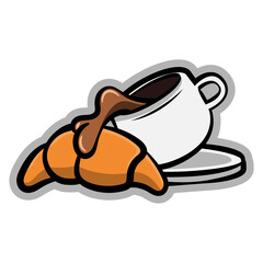 Cartoon illustration of coffee poured on bread at morning with doodles style, best for sticker, decoration, and logo of fast food restaurant