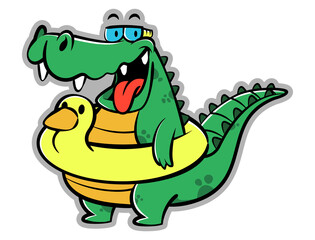 Cartoon Illustration of Funny Alligator wearing goggles and duck buoy, ready for summer vacation, best for sticker, mascot, and logo with summer themes
