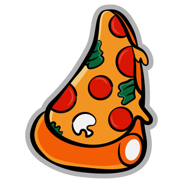 Cartoon illustration of Pizza slice with doodles style, best for sticker, decoration, and logo of fast food restaurant