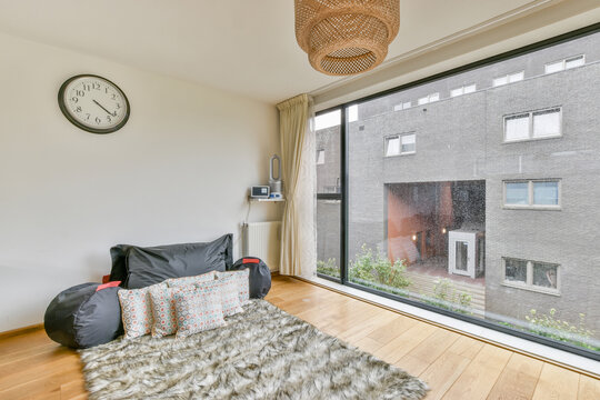 Modern room interior with cushions on carpet at home