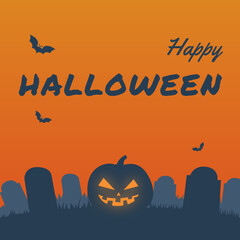 Happy Halloween poster of pumpkin and black bat on graveyard, Vector orange horror trick or treat Halloween holiday greeting card