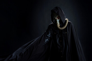 post-apocalyptic character, a scary story, a concept character in a gas mask and a black coat
