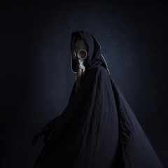 post-apocalyptic character, a scary story, a concept character in a gas mask and a black coat