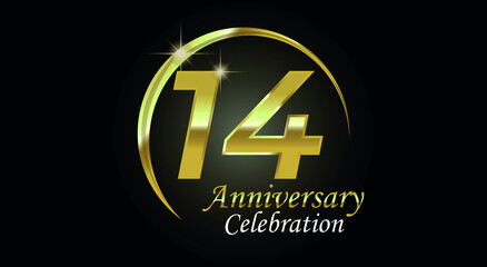 14 years anniversary celebration. Anniversary logo with ring in golden color isolated on black background with golden light, vector design for celebration, invitation card and greeting card