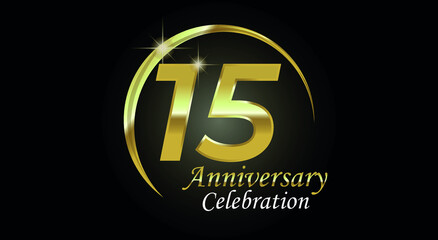 Obraz premium 15 years anniversary celebration. Anniversary logo with ring in golden color isolated on black background with golden light, vector design for celebration, invitation card and greeting card