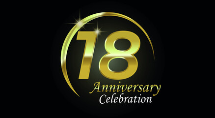 18 years anniversary celebration. Anniversary logo with ring in golden color isolated on black background with golden light, vector design for celebration, invitation card and greeting card