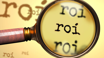 Roi - abstract concept and a magnifying glass enlarging English word Roi to symbolize studying, examining or searching for an explanation and answers related to the idea of Roi, 3d illustration