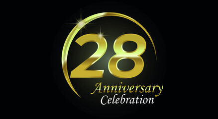 28 years anniversary celebration. Anniversary logo with ring in golden color isolated on black background with golden light, vector design for celebration, invitation card and greeting card