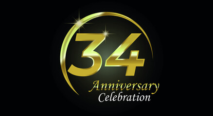 34 years anniversary celebration. Anniversary logo with ring in golden color isolated on black background with golden light, vector design for celebration, invitation card and greeting card