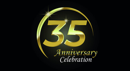 35 years anniversary celebration. Anniversary logo with ring in golden color isolated on black background with golden light, vector design for celebration, invitation card and greeting card