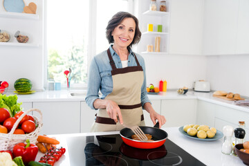 Photo of mature brunette nice lady cook meat wear apron jeans shirt at kitchen alone