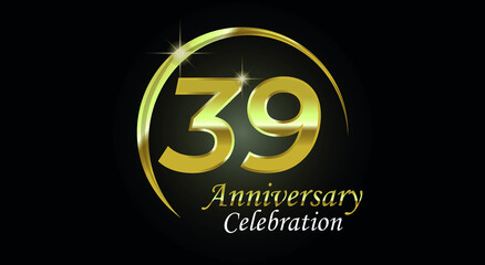 39 years anniversary celebration. Anniversary logo with ring in golden color isolated on black background with golden light, vector design for celebration, invitation card and greeting card