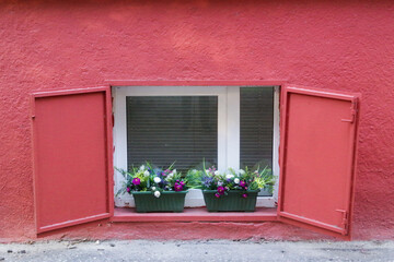 Fototapeta na wymiar antique basement window. Flowers on the window. Red wall
