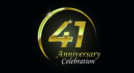 41 years anniversary celebration. Anniversary logo with ring in golden color isolated on black background with golden light, vector design for celebration, invitation card and greeting card