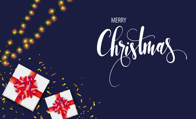 merry christmas card template. gift box with red ribbon on blue background with merry christmas lettering and gold confetti. Vector illustration of christmas party decoration