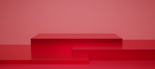 Metallic red podium and gradient light background with studio  backdrops. Red Blank display or clean room for showing product. Minimalist mockup for red  podium display or showcase. 3D rendering.