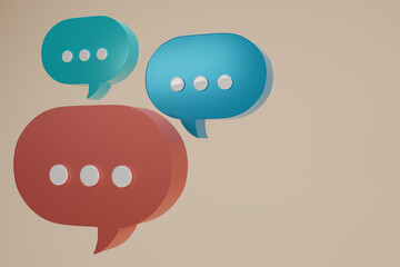 3D render orange,blue and green Minimal chat bubble. Contact us or chat  icon 3D in beige background. Concept of communication, social media messages, SMS, comments. 3d rendering illustration.