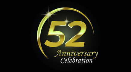 52 years anniversary celebration. Anniversary logo with ring in golden color isolated on black background with golden light, vector design for celebration, invitation card and greeting card