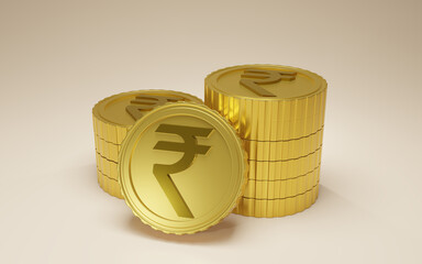 3D render Stack Indian rupee coins isolated on beige background. 3D rendering illustration.