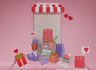 Fototapeta na wymiar 3d rendering pink smartphone and shopping online on pink background. Concept of e-commerce sales, online shopping, digital marketing. Online shopping app, gifts, shopping items. 3d rendering.
