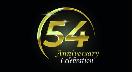 54 years anniversary celebration. Anniversary logo with ring in golden color isolated on black background with golden light, vector design for celebration, invitation card and greeting card