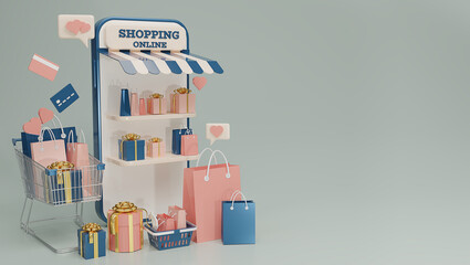 3d rendering blue smartphone and shopping online on blue background with space for texts. Concept of e-commerce sales, digital marketing. Online shopping app, gifts, shopping items. 3d rendering.