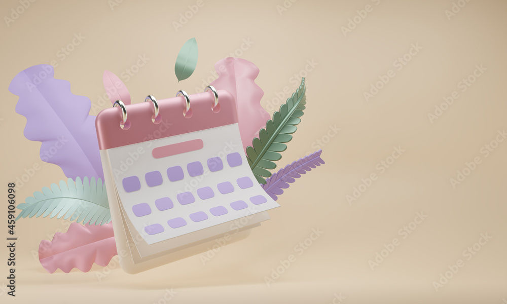 Poster 3d render minimal note icons with leaves in pastel color isolate on beige background with space for 
