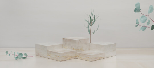 3D rendering Premium podium made of beige marble cube with branches and leaves. Mock up for the exhibitions,presentation of products,promotion sale,therapy,relaxation,health,banner,discount,cosmetic.