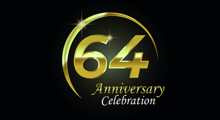 64 years anniversary celebration. Anniversary logo with ring in golden color isolated on black background with golden light, vector design for celebration, invitation card and greeting card