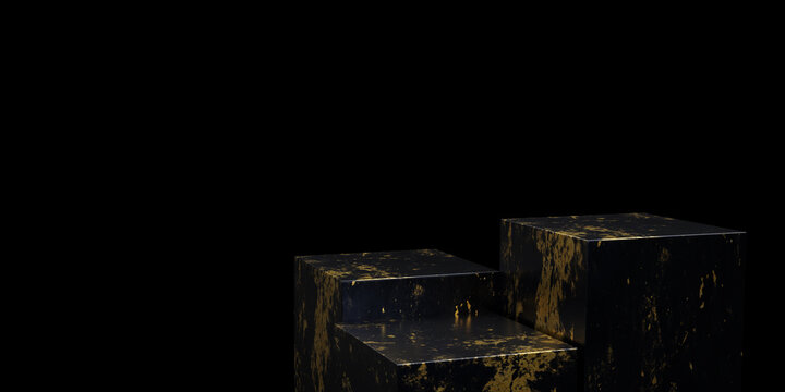 3D Render Cube Podium Made Of Black Marble With Gold Texture In Black Blackground.