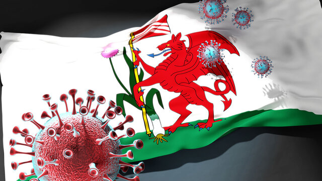 Covid In Cardiff - Coronavirus Attacking A City Flag Of Cardiff As A Symbol Of A Fight And Struggle With The Virus Pandemic In This City, 3d Illustration