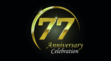77 years anniversary celebration. Anniversary logo with ring in golden color isolated on black background with golden light, vector design for celebration, invitation card and greeting card