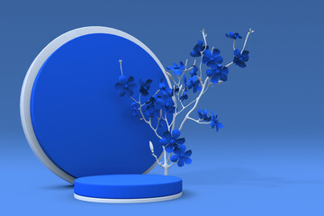 3D blue round podium with flower composition of abstract plant. Pedestal for skincare product on pastel background. Banner for branding and packaging presentation