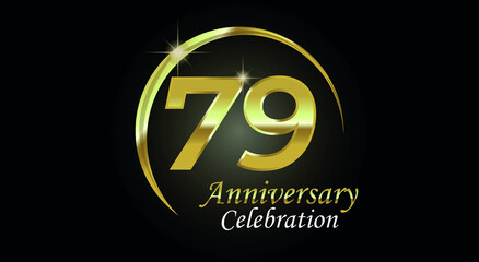 79 years anniversary celebration. Anniversary logo with ring in golden color isolated on black background with golden light, vector design for celebration, invitation card and greeting card