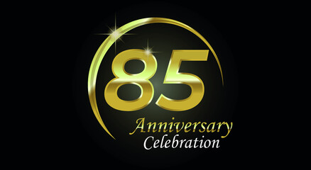 85 years anniversary celebration. Anniversary logo with ring in golden color isolated on black background with golden light, vector design for celebration, invitation card and greeting card