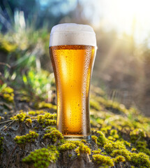 Cold glass of beer with white foam and gas bubbles inside. Nature background.