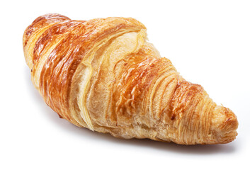 Tasty crusty croissant close-up on a white background.