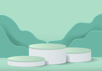 3D Podium set in green background. Cylinder podium stand with paper craft. Vector illustration of natural design for product display mock up with podium stand background