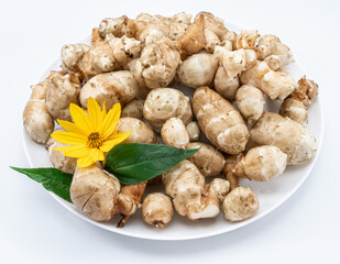 Jerusalem artichoke roots with leaves and flower of Jerusalem artichoke isolated on white background.