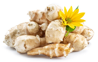Jerusalem artichoke roots with leaves and flower of Jerusalem artichoke isolated on white background.