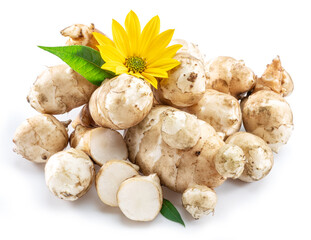 Jerusalem artichoke roots with leaves and flower of Jerusalem artichoke isolated on white background.