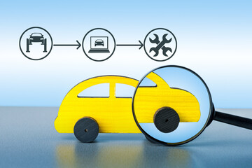  Magnifying checking up the car with car service diagram. Car service concept.