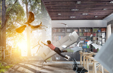 Boy with a dog flying through the air with his ears