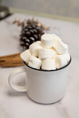 Fototapeta na wymiar cup with a hot drink and marshmallows decorating a table, food and drink on holidays, christmas with decorative objects, relax lifestyle